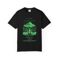 Alien Invasion Finally New Management UFO graphic tee in black, front view