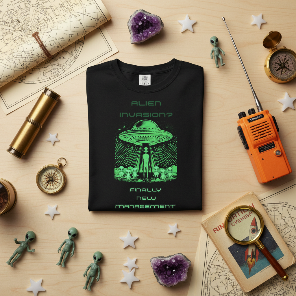 Alien Invasion Finally New Management UFO graphic tee in black, flat lay styled with a telescope, compass, star charts, and alien figurines