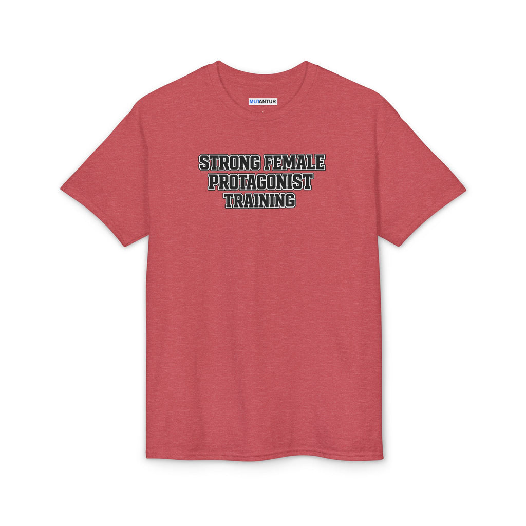 Red t-shirt with 'Strong Female Protagonist Training' text on a white background