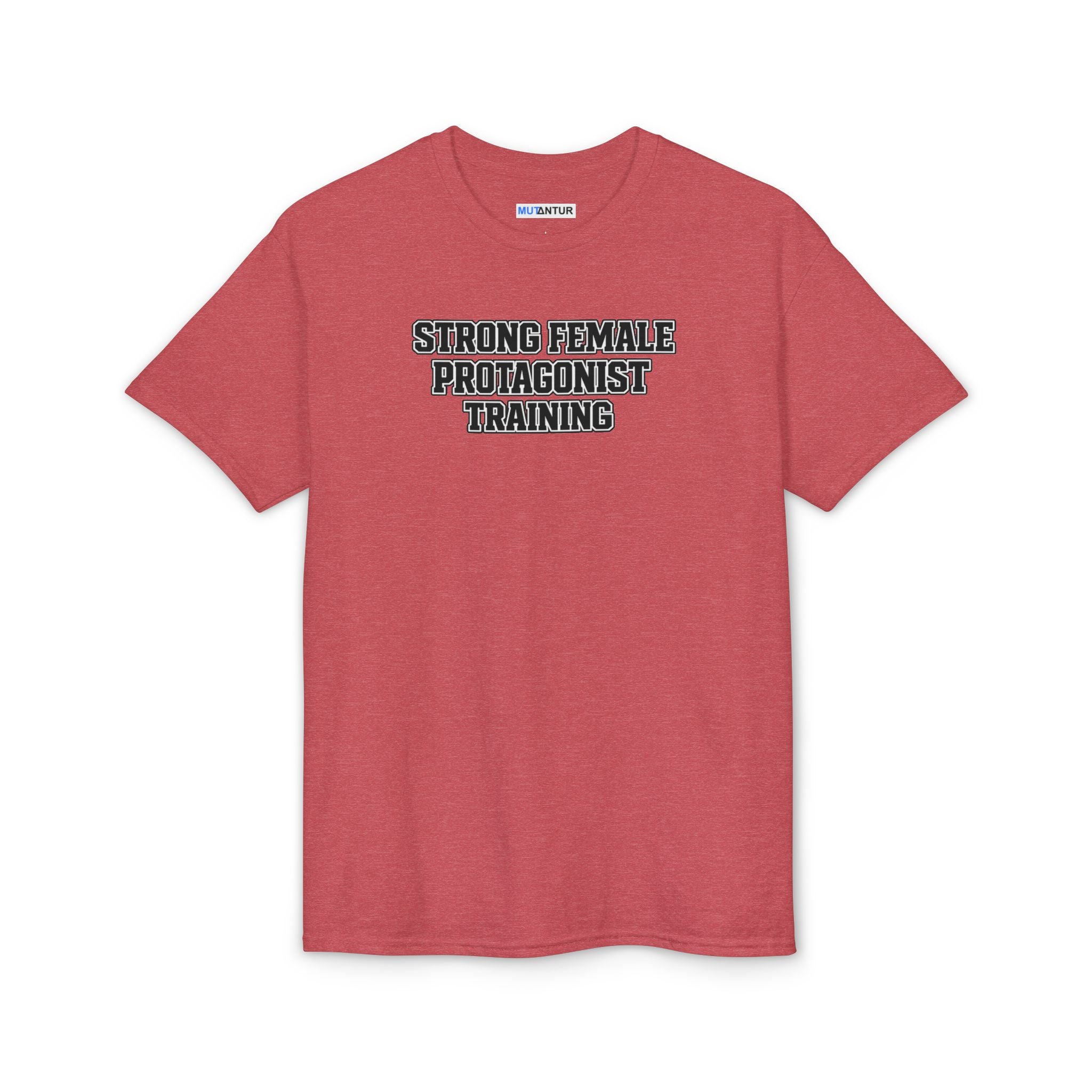 Red t-shirt with 'Strong Female Protagonist Training' text on a white background