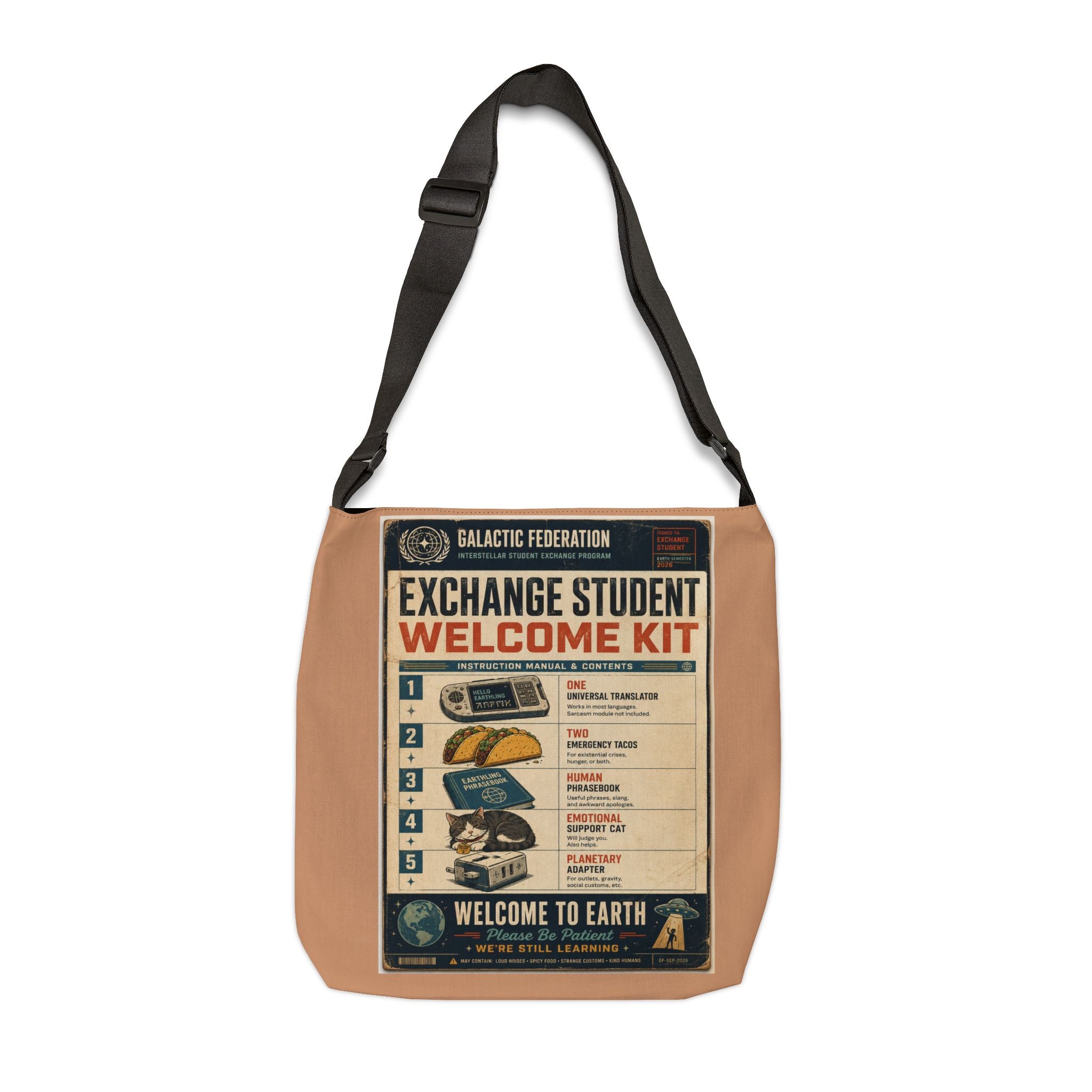Retro Exchange Student Welcome Kit alien tote bag with emergency tacos, universal translator, human phrasebook, emotional support cat, and Welcome to Earth text
