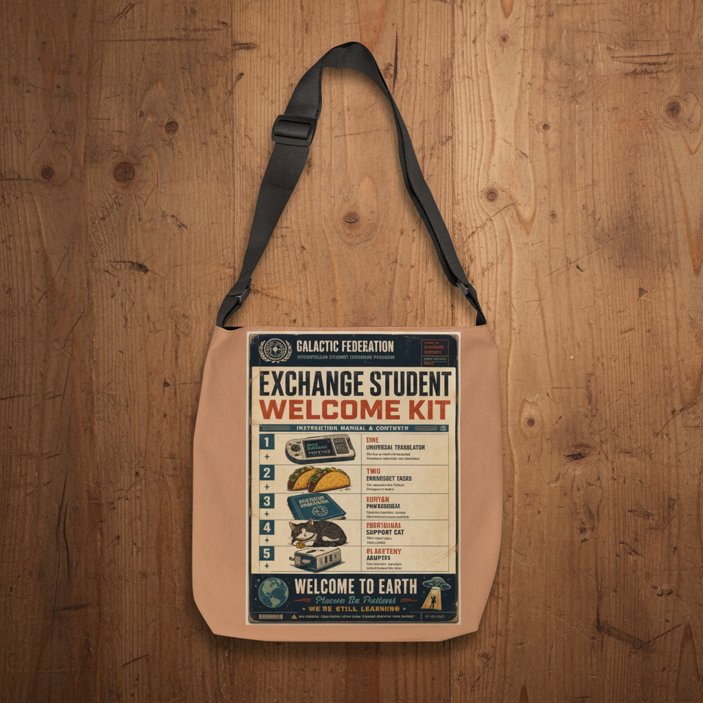Tan tote bag with retro 'Galactic Federation Exchange Student Welcome Kit' poster graphic, flat mockup
