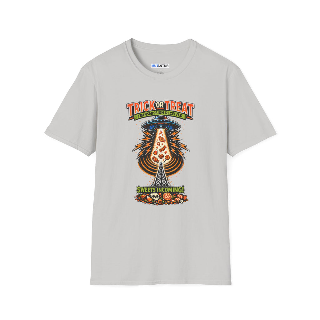 A grey crewneck t-shirt featuring a colorful graphic print on the front. The graphic shows a UFO Beaming up candy flying upward from a haunted house under the text 'TRICK OR TREAT' and 'SWEETS COMING !', with a small 'MUTANTUR brand label visible inside the collar.