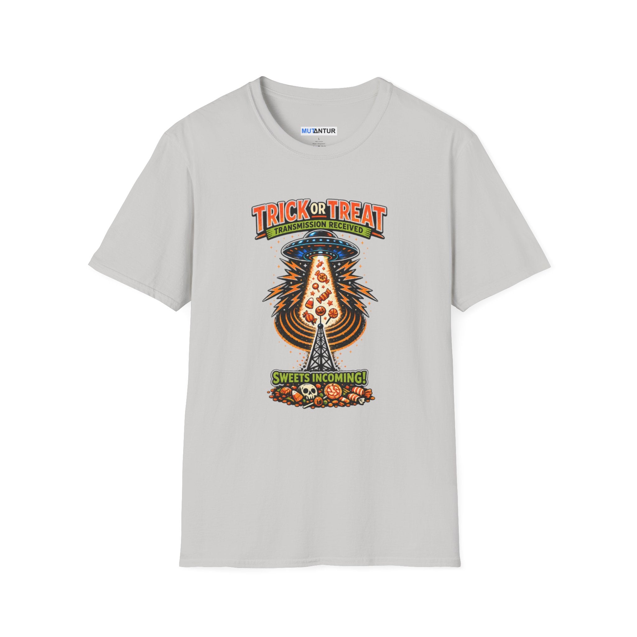 A grey crewneck t-shirt featuring a colorful graphic print on the front. The graphic shows a UFO Beaming up candy flying upward from a haunted house under the text 'TRICK OR TREAT' and 'SWEETS COMING !', with a small 'MUTANTUR brand label visible inside the collar.