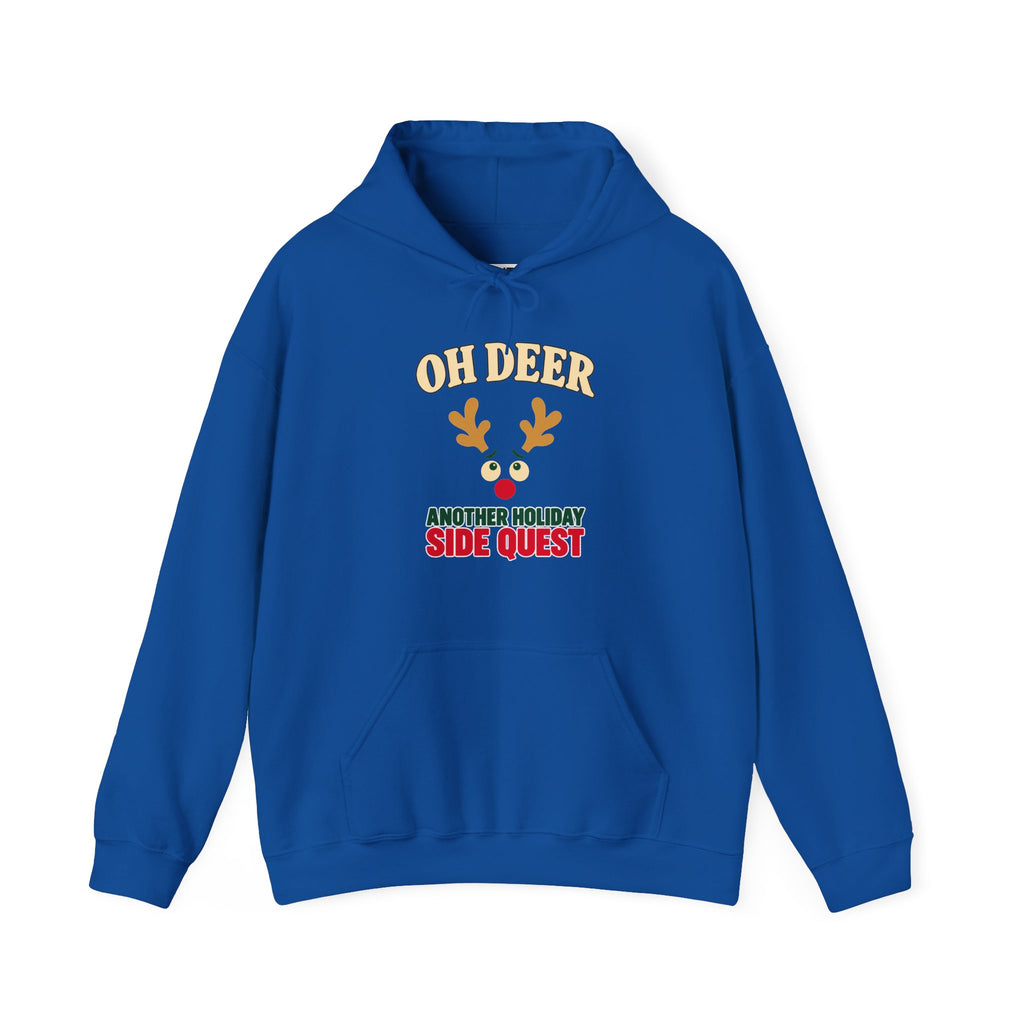 A blue pullover hoodie with a festive holiday graphic on the chest. The graphic features the text 'OH DEER' in beige, a small reindeer head illustration with orange antlers and a red nose, and the phrase 'ANOTHER HOLIDAY SIDE QUEST' in red and beige.