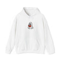 white hoodie with a cartoon ghost holding a red book against a white background