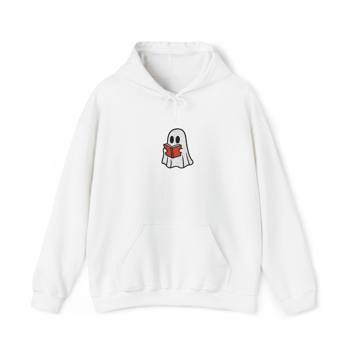 white hoodie with a cartoon ghost holding a red book against a white background
