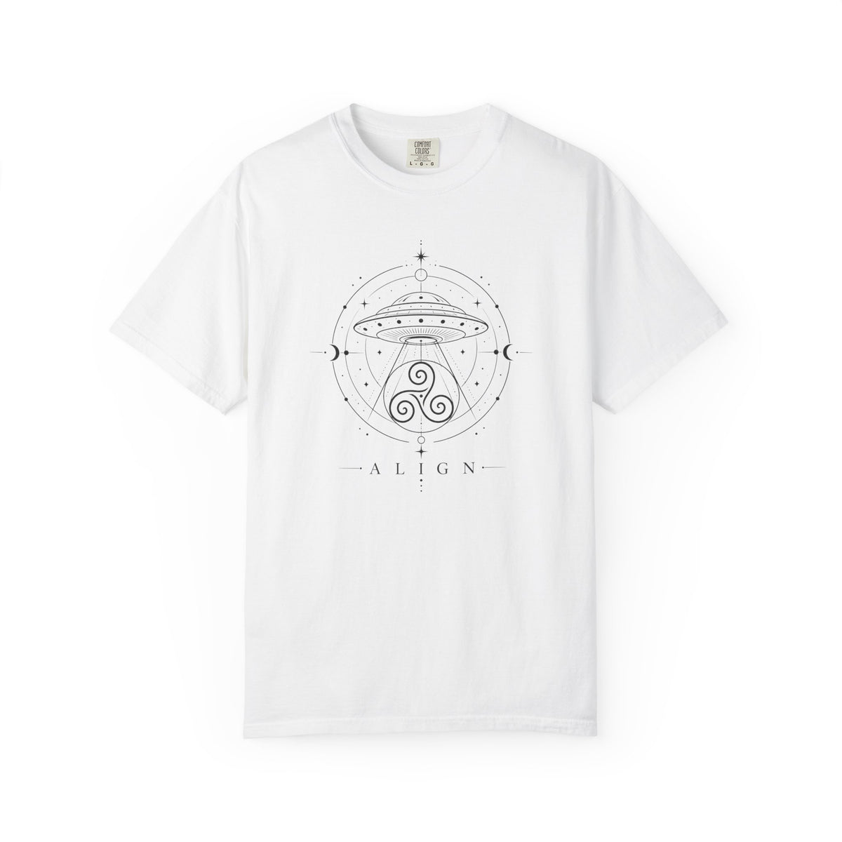 white t-shirt with a black line design of a flying saucer with an Irisk triskele below and the words ' ALIGN' against a white background