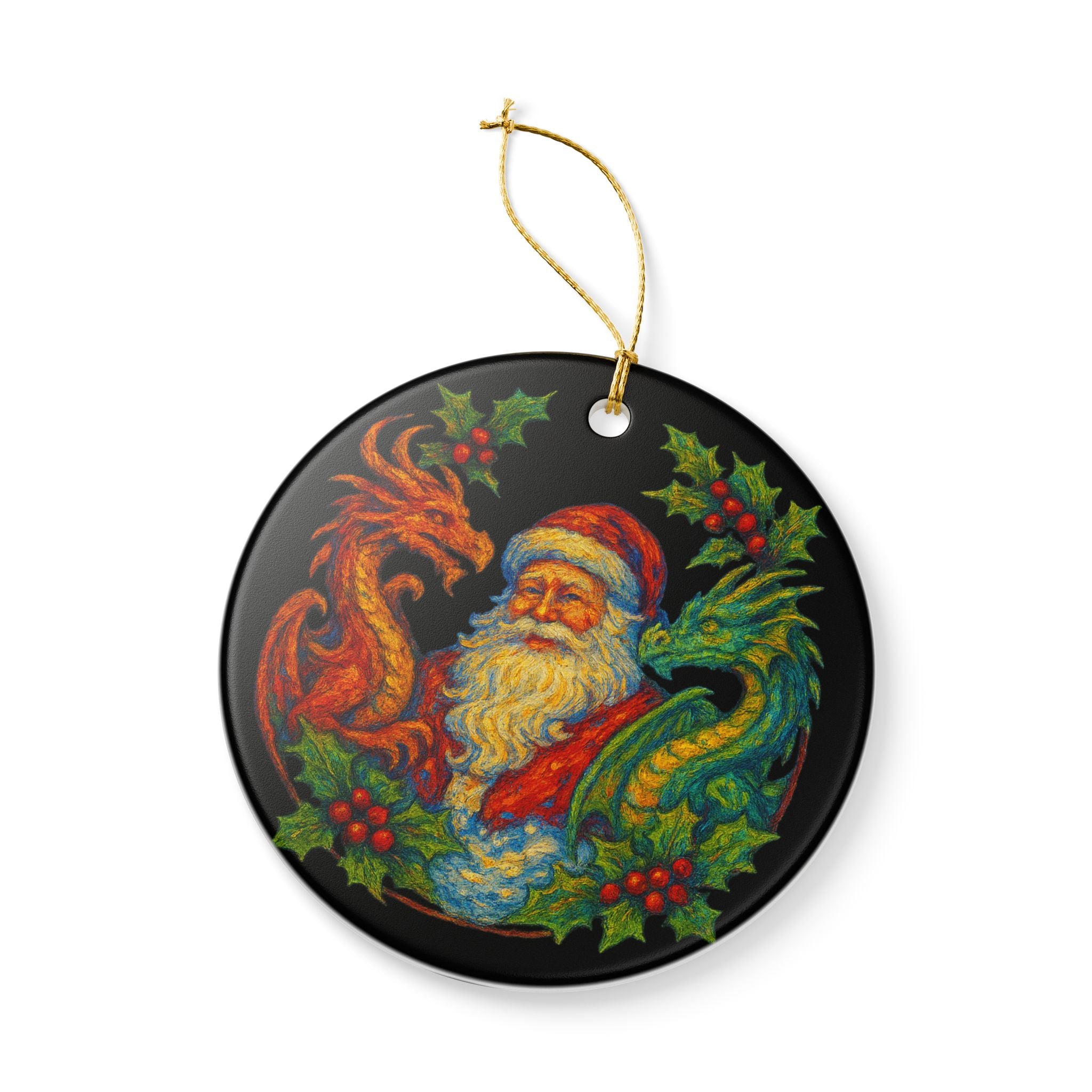 Santa & Dragons Ceramic Ornament — Fantasy Holiday Keepsake