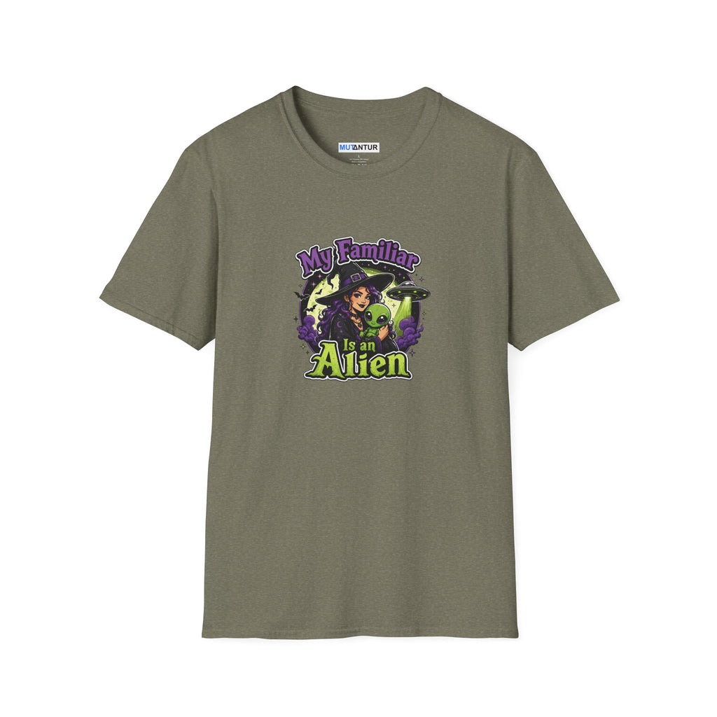 An olive green short-sleeve t-shirt with a colorful graphic on the chest that reads 'My Family is an Alien' featuring a witch and green aliens