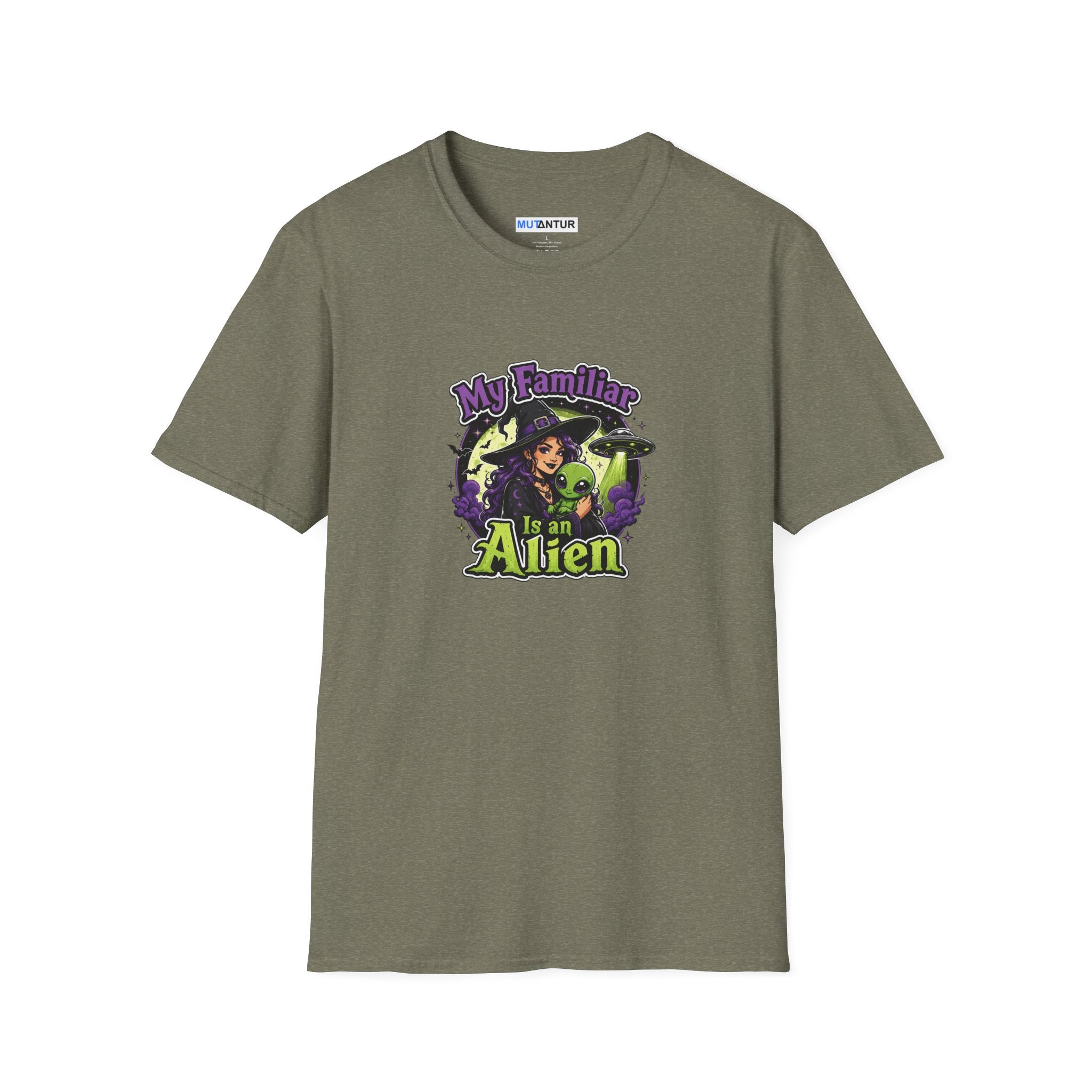 An olive green short-sleeve t-shirt with a colorful graphic on the chest that reads 'My Family is an Alien' featuring a witch and green aliens