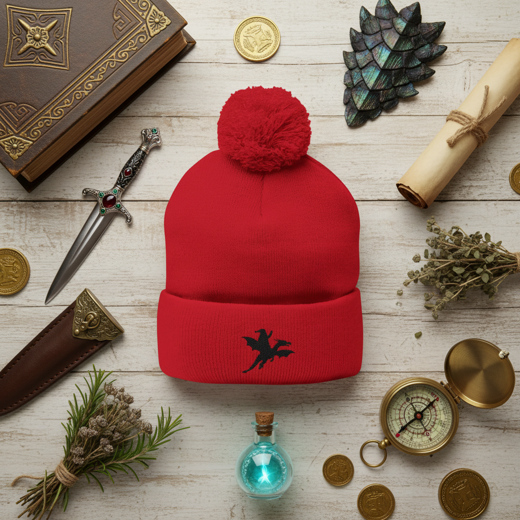 Santa on a Dragon Embroidered Pom-Pom Beanie | Knit Cap