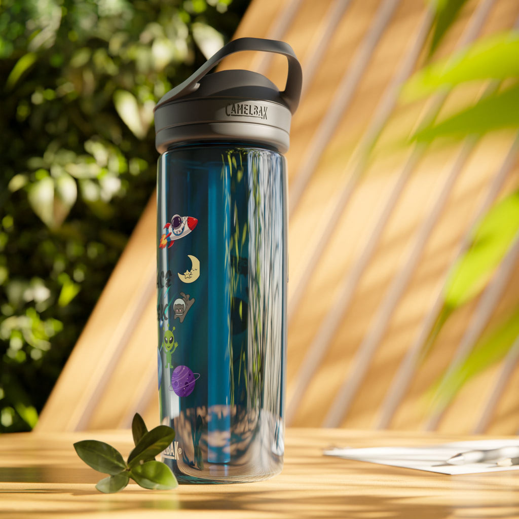 Space Geek Water Bottle — Blue CamelBak Eddy 20oz with Cute Alien & Rocket Design