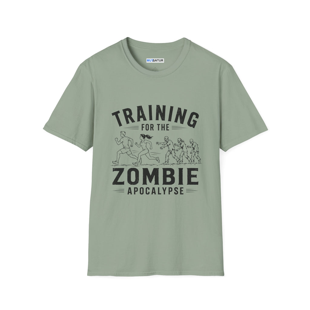 Green short sleeved t shirt with the words Training for the zombie apocalypse with a funny line drawing of runners escaping zombies