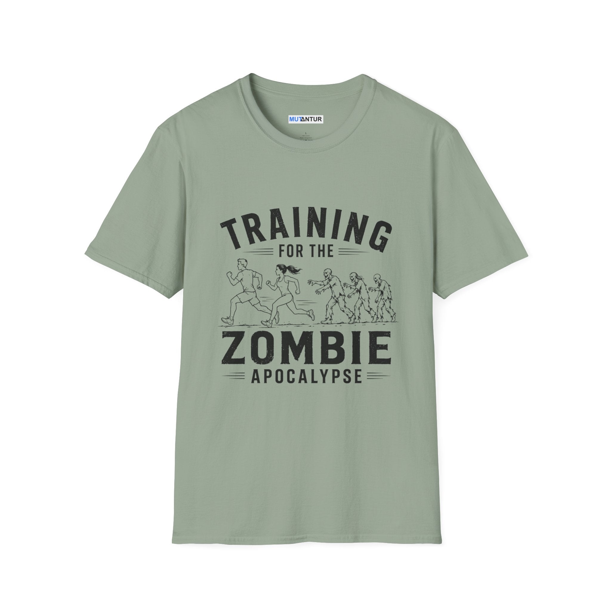 Green short sleeved t shirt with the words Training for the zombie apocalypse with a funny line drawing of runners escaping zombies