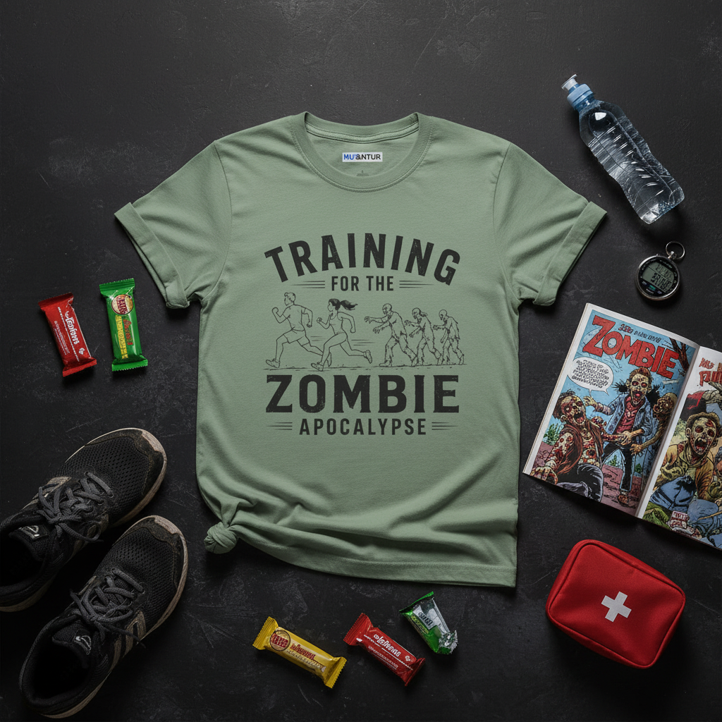 Green short sleeved t shirt with the words Training for the zombie apocalypse with a funny line drawing of runners escaping zombies