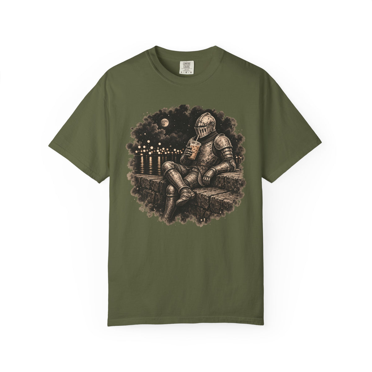 An olive green short-sleeve t-shirt with a detailed graphic print of a knight in armor sitting and drinking, displayed on a clean white background.