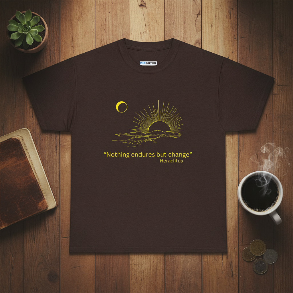 Dark brown t-shirt with 'Nothing Endures But Change' sunrise graphic, flat lay on a wood table with coffee