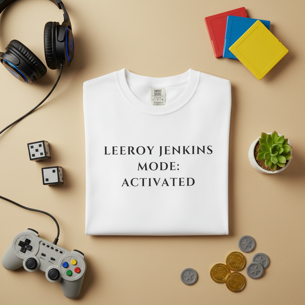 Leeroy Jenkins Mode Activated gaming tee, flat lay