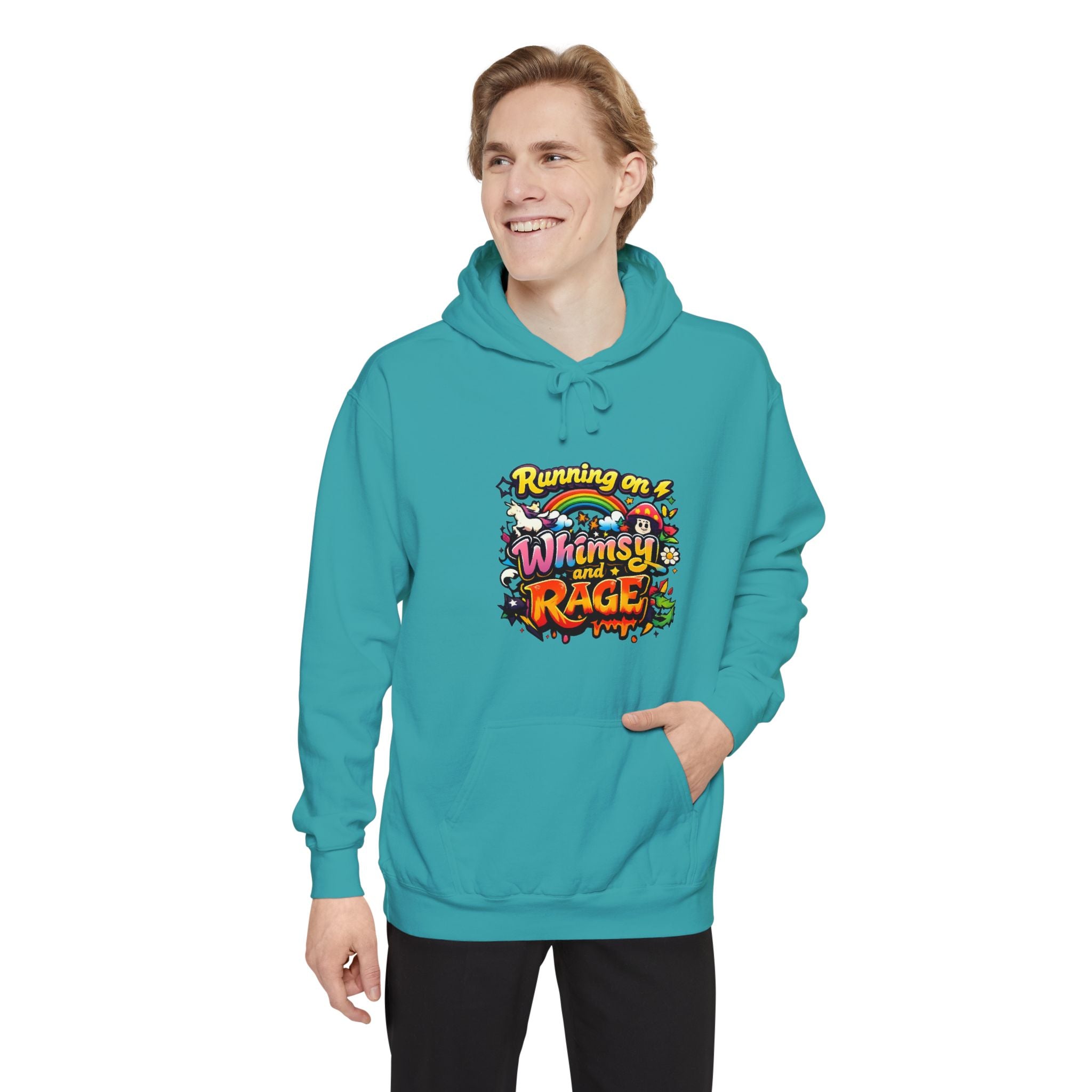 Hoodie — "Running on a Whimsy and Rage" Colorful Graphic Pullover