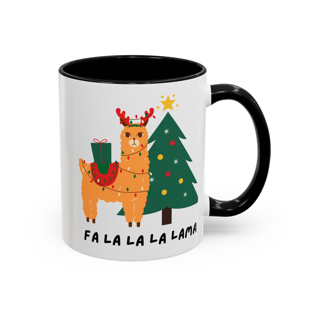 A white ceramic mug with a black handle and interior, featuring a festive Christmas llama illustration next to a decorated tree and the text 'FA LA LA LA LAMA'.