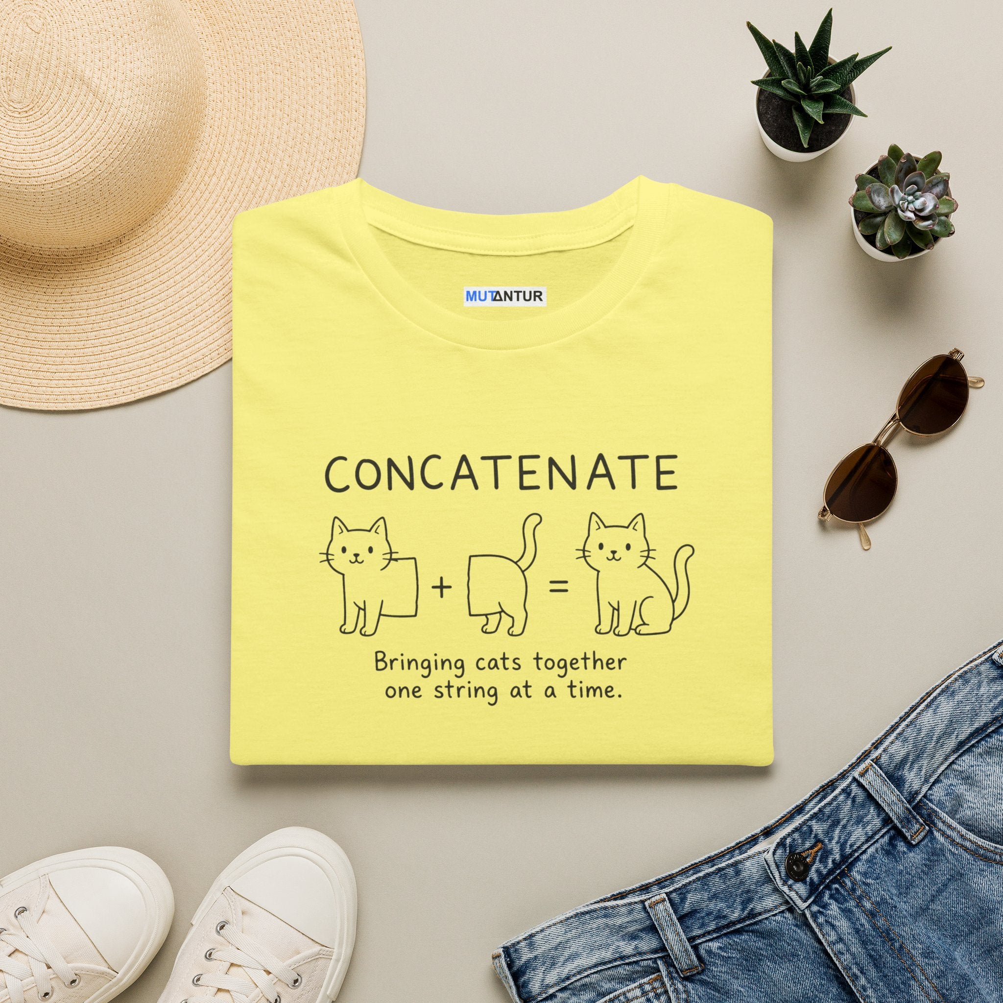 Concatenate Cat T-Shirt — Cute Programming/Cat Lover Tee ("Bringing cats together one string at a time")