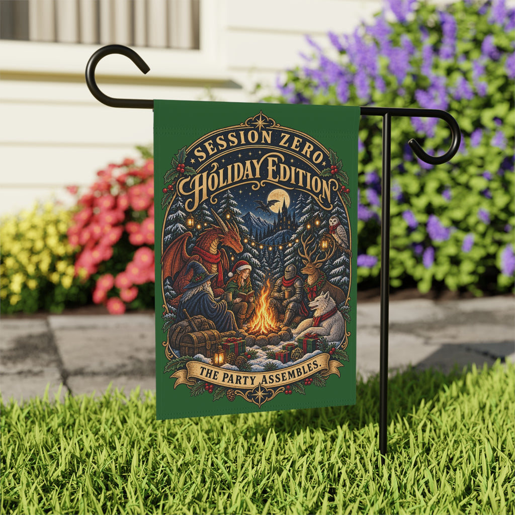 A decorative garden flag on a black metal stand in a grassy yard. The flag has a dark green background with an illustrated holiday campfire scene and the text 'SESSION ZERO HOLIDAY EDITION' and 'THE PARTY ASSEMBLES'.