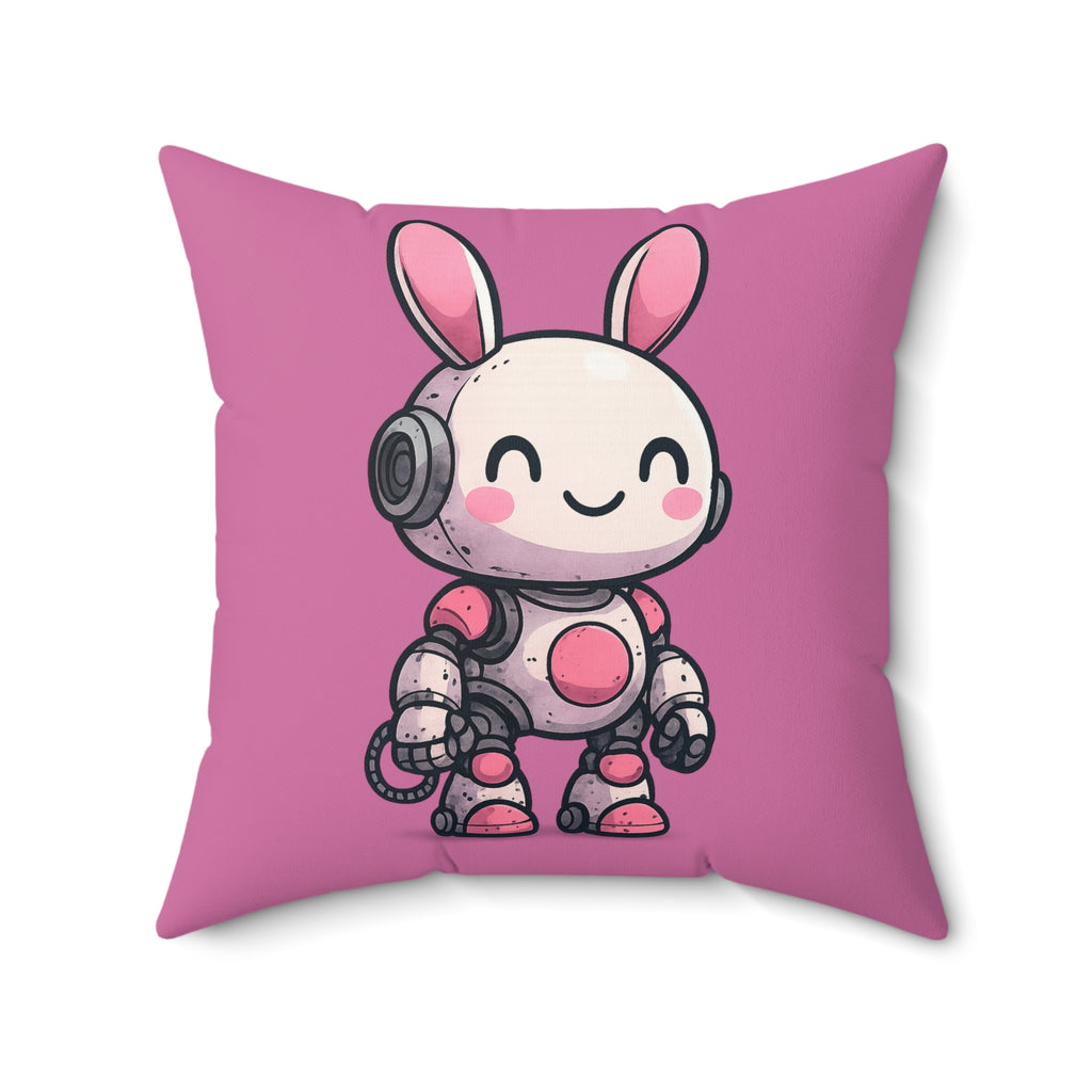 Happy Pink Robot Pillow – Whimsical Robot Bunny Square Throw Pillow