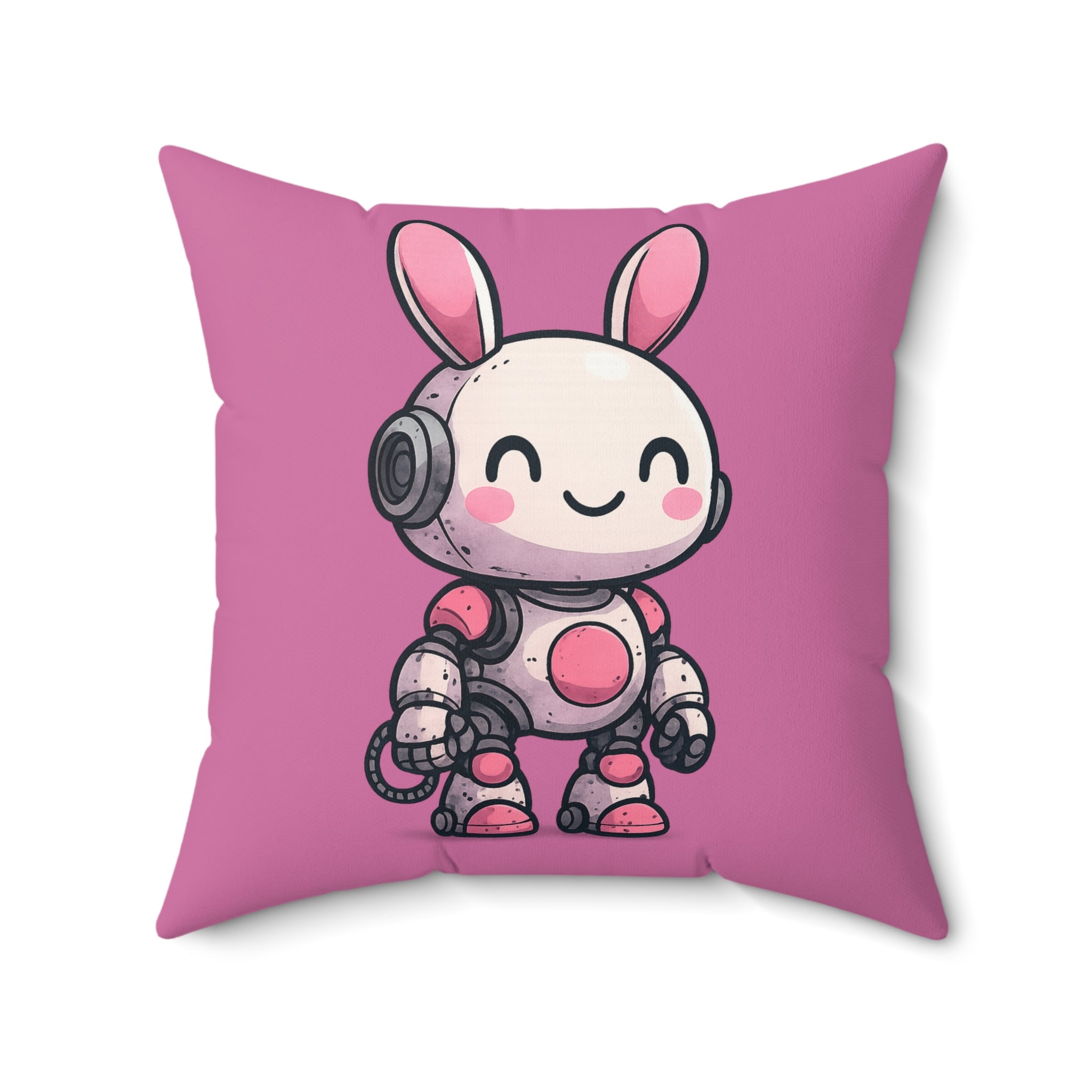 Happy Pink Robot Pillow – Whimsical Robot Bunny Square Throw Pillow