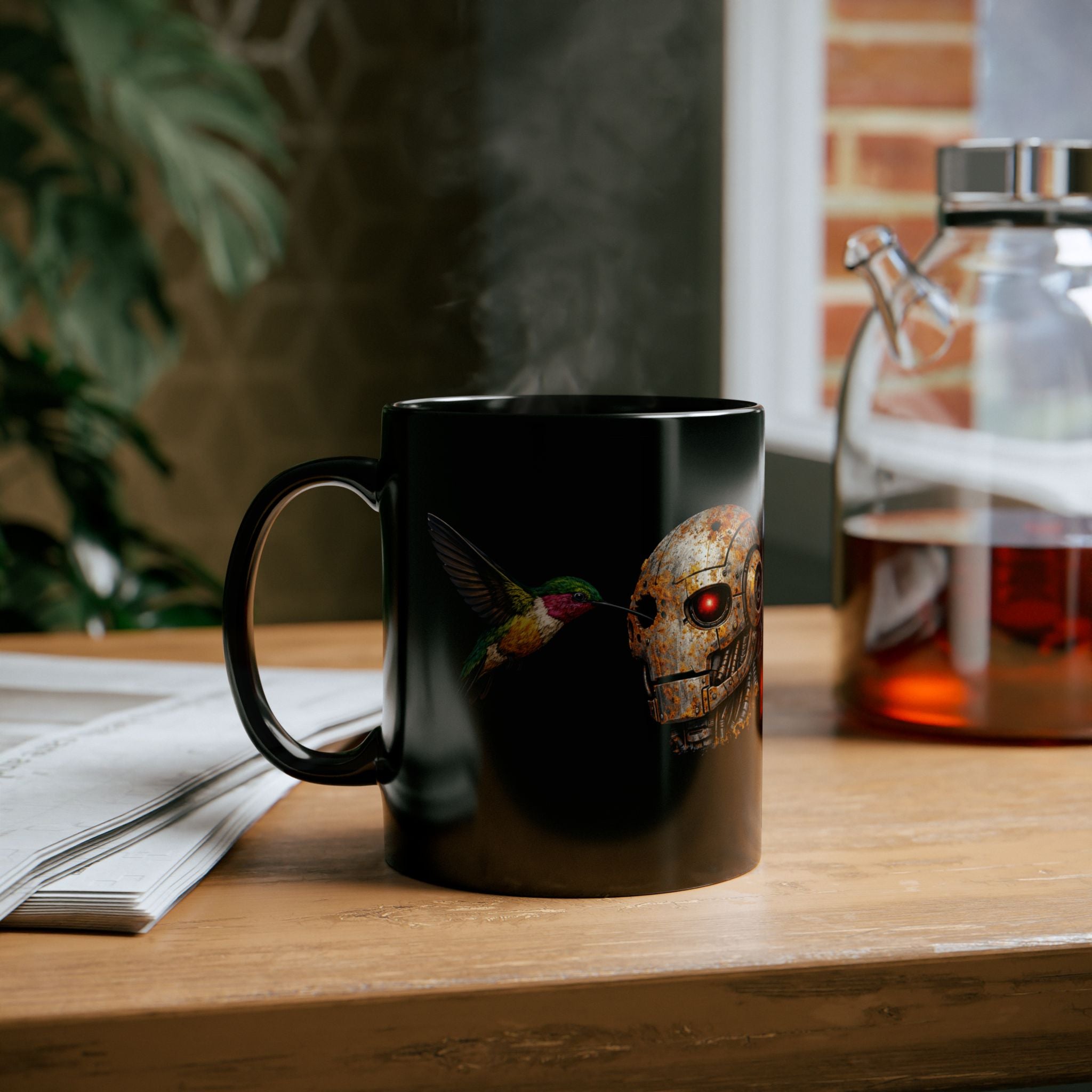 Steampunk Robot Skull and Hummingbird Mug — Black Ceramic Coffee Cup - Mutantur Labs LLC