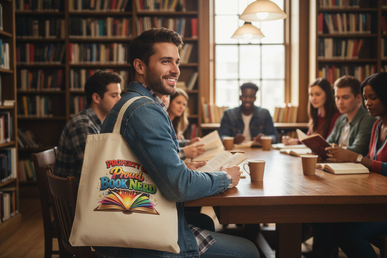 Tote Bag — "Property of Proud Book Nerd" Colorful Open Book Library Tote - Mutantur Labs LLC