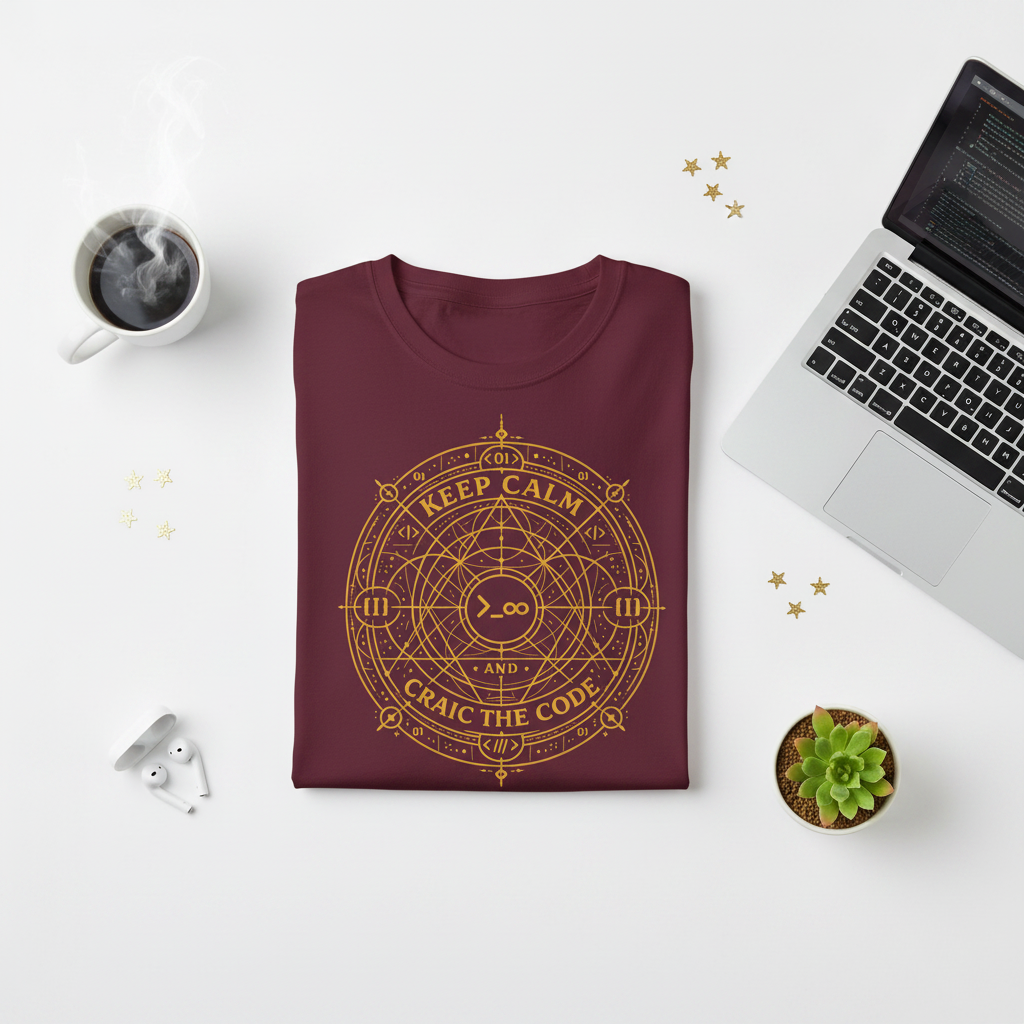 Maroon t-shirt with 'Keep Calm and Craic the Code' circuit-emblem graphic, folded and styled with coffee and a laptop