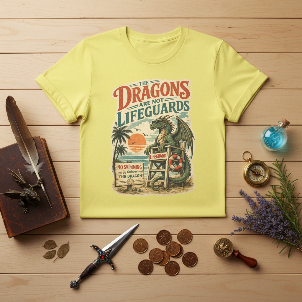 Dragons Are Not Lifeguards retro beach graphic tee, front view