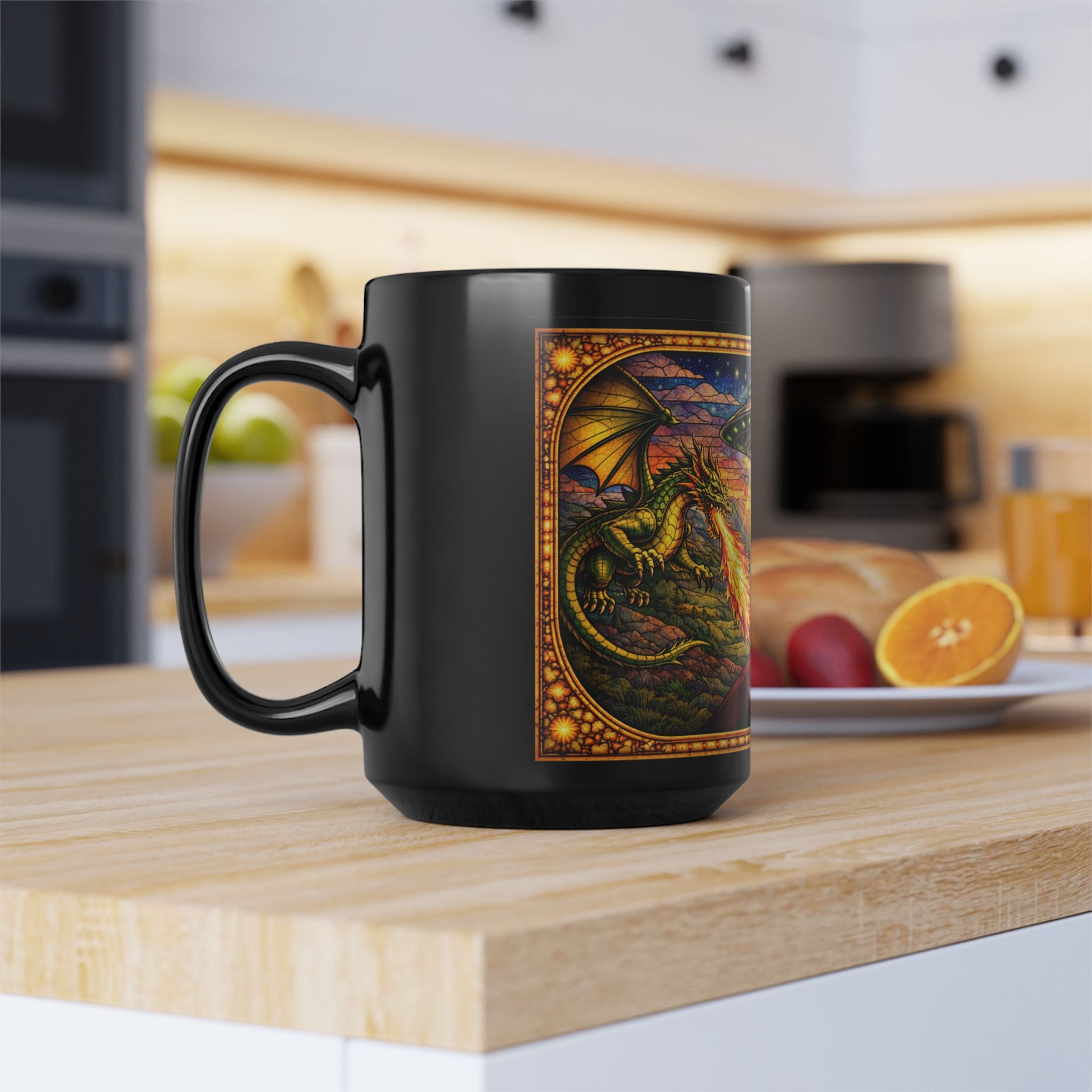 Fantasy Dragon Mug with Medieval Knight & UFO — Black 15 oz Ceramic Coffee Cup - Mutantur Labs LLC