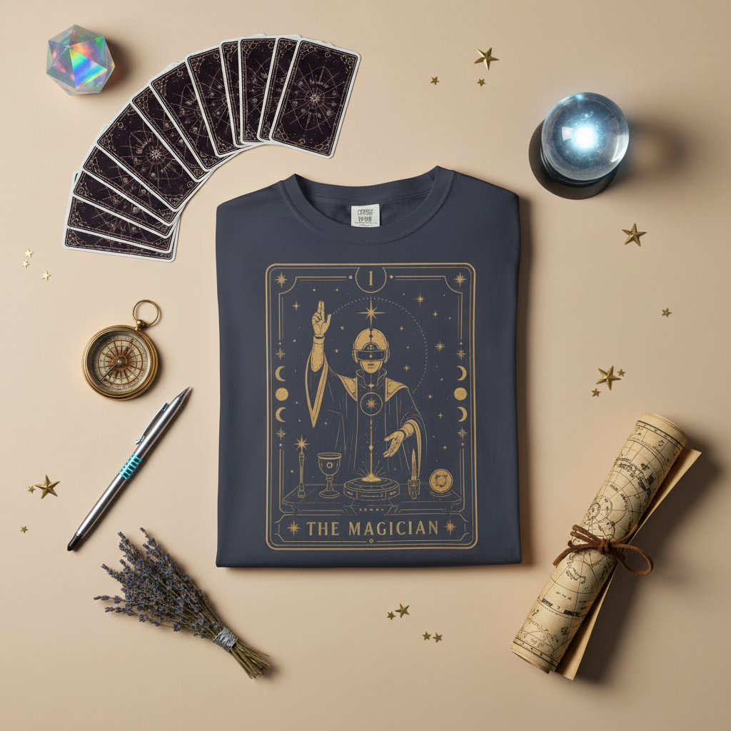 A dark navy blue short-sleeve t-shirt with a gold-colored graphic of 'The Magician' tarot card printed on the chest, displayed against a solid white background.