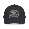 A black baseball cap with white embroidered text reading 'PROUD MEMBER OF THE PISSED OFF MAJORITY' on the front, shown against a plain white background.