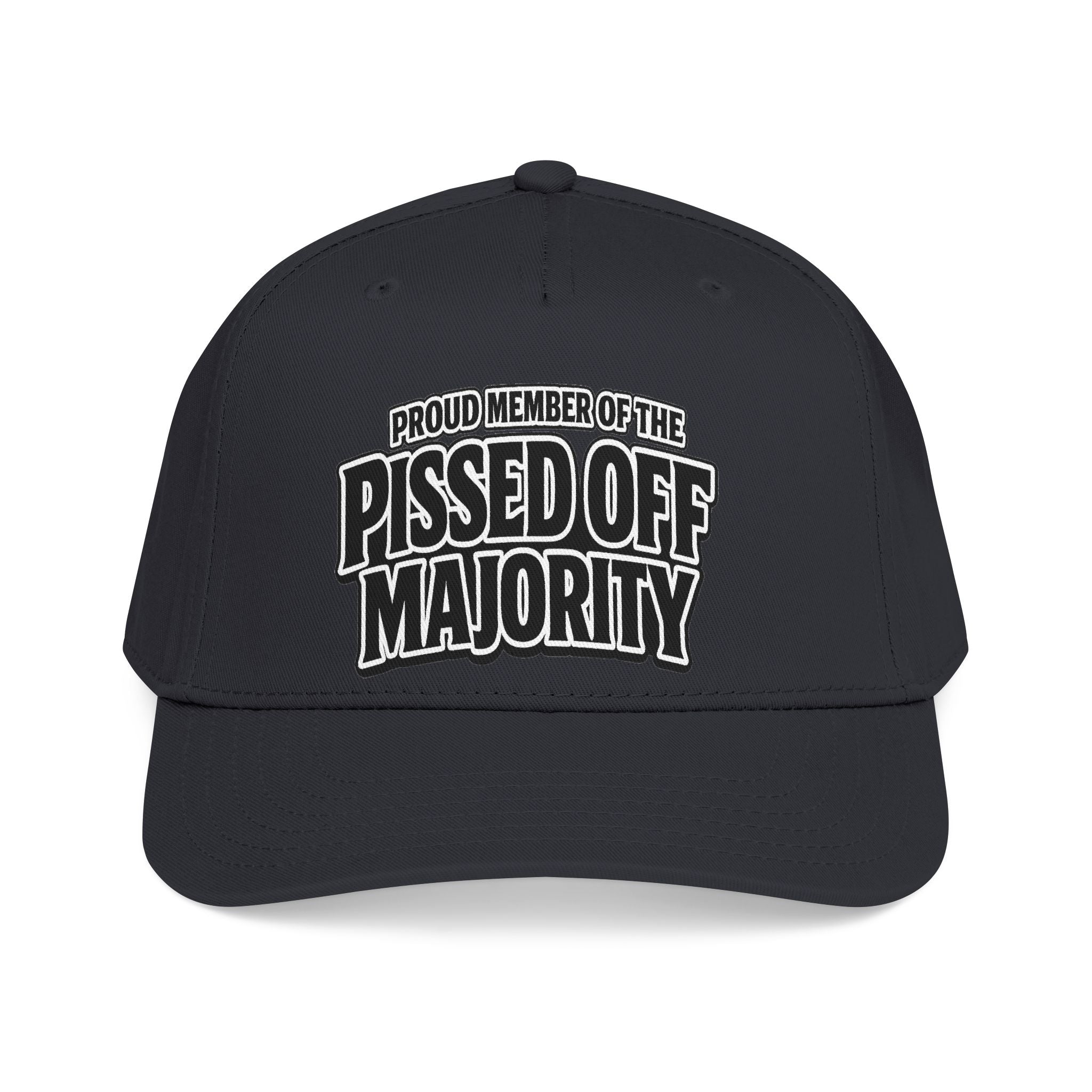 A black baseball cap with white embroidered text reading 'PROUD MEMBER OF THE PISSED OFF MAJORITY' on the front, shown against a plain white background.