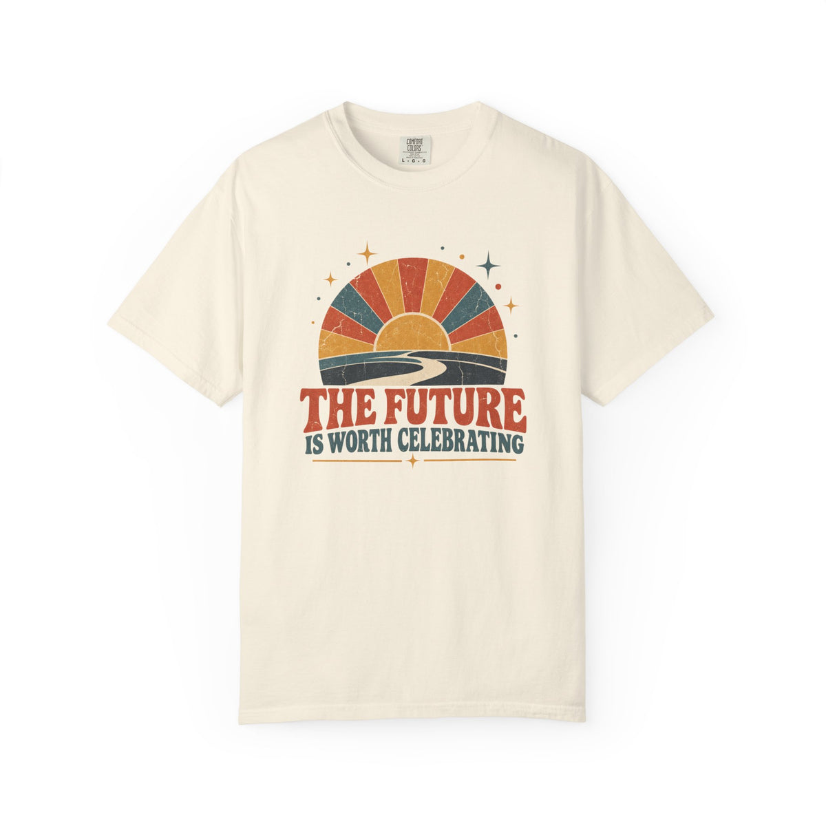 An off-white short-sleeve t-shirt with a retro sunset graphic and the text 'THE FUTURE IS WORTH CELEBRATING' printed on the chest.