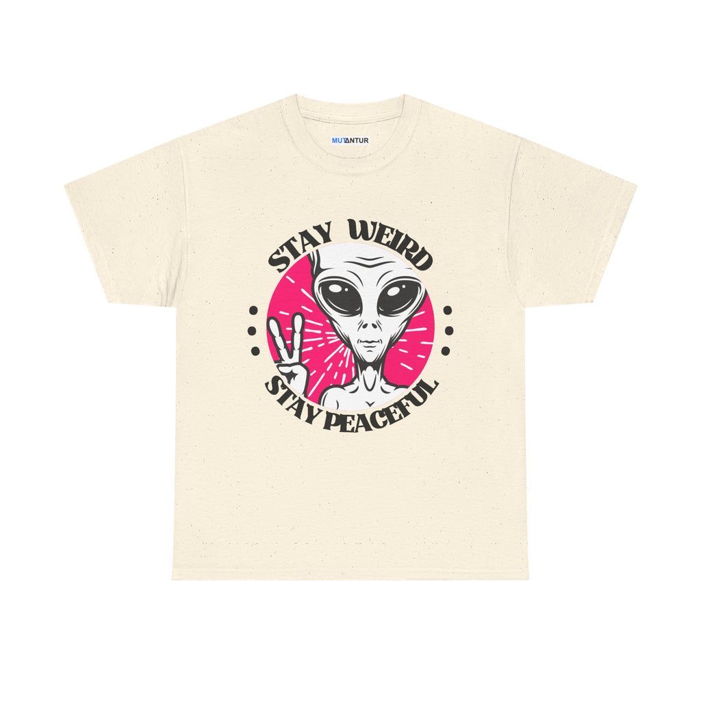 Stay Weird Stay Peaceful galaxy alien graphic tee in heather natural, front view