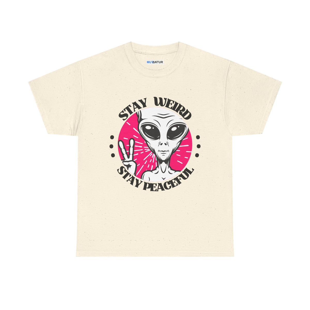 Stay Weird Stay Peaceful galaxy alien graphic tee in heather natural, front view