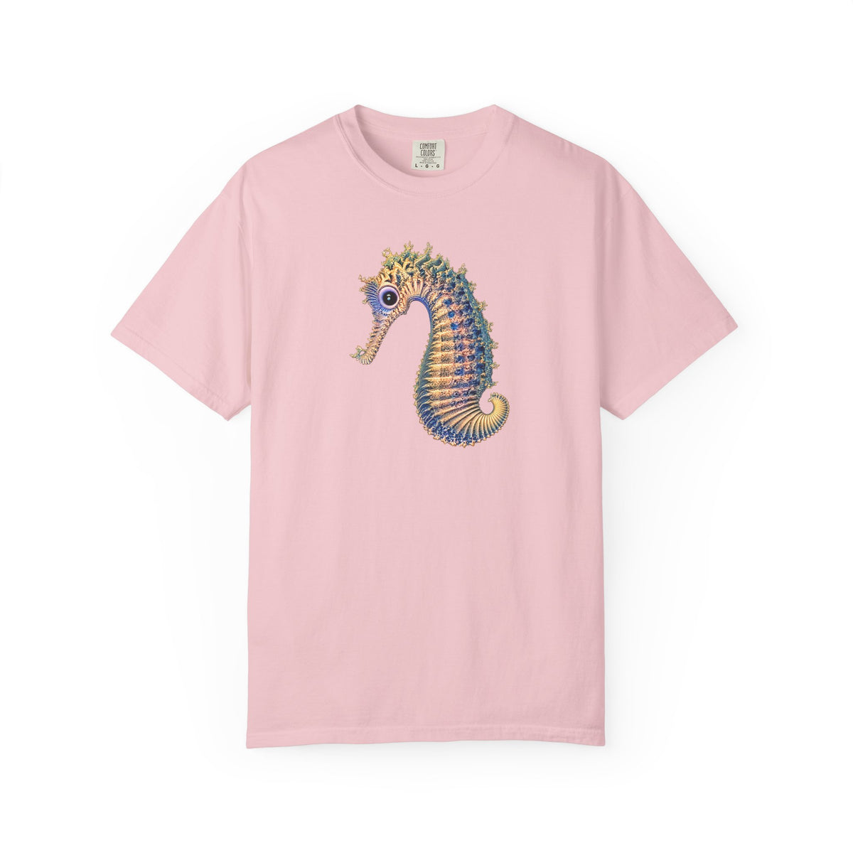 A light pink short-sleeve crewneck t-shirt featuring a colorful seahorse graphic printed on the center chest, displayed against a clean white background.