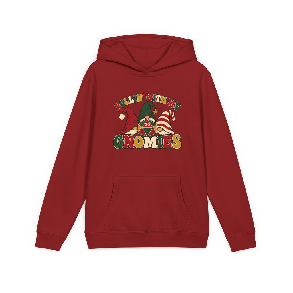 A red pullover hoodie with a colorful graphic on the chest that reads 'ROLLIN' WITH MY GNOMIES' and features cartoon gnomes wearing red, green, and striped hats, shown on a plain white background.