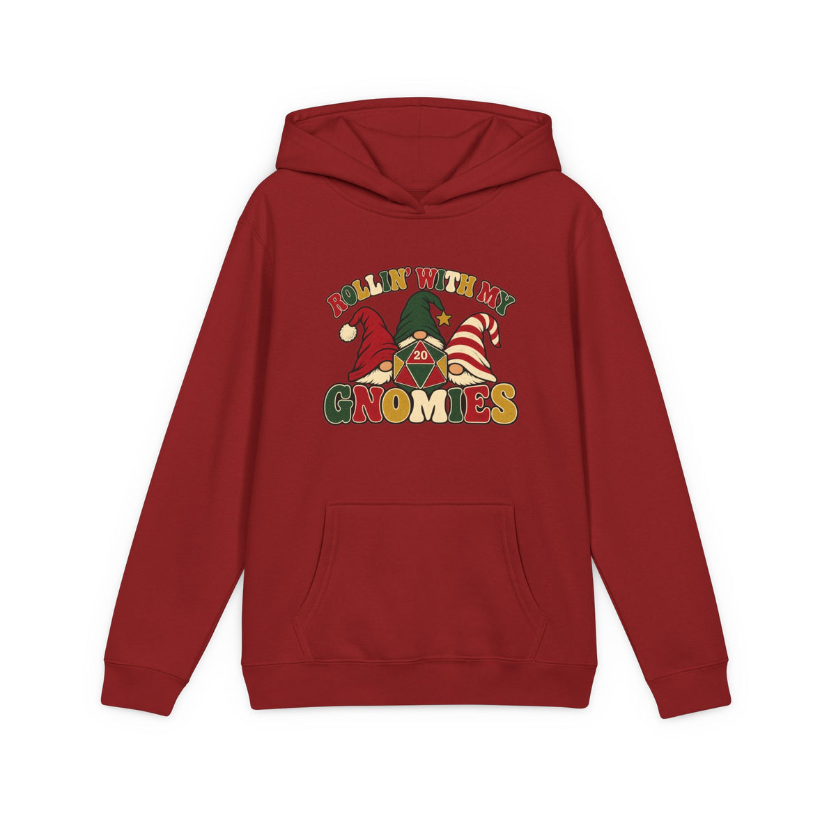 A red pullover hoodie with a colorful graphic on the chest that reads 'ROLLIN' WITH MY GNOMIES' and features cartoon gnomes wearing red, green, and striped hats, shown on a plain white background.