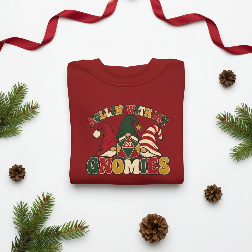 A folded red crewneck sweatshirt with a colorful Christmas gnome graphic and the text 'ROLLIN' WITH MY GNOMIES' is displayed on a white background with pine branches, pinecones, and a red ribbon.