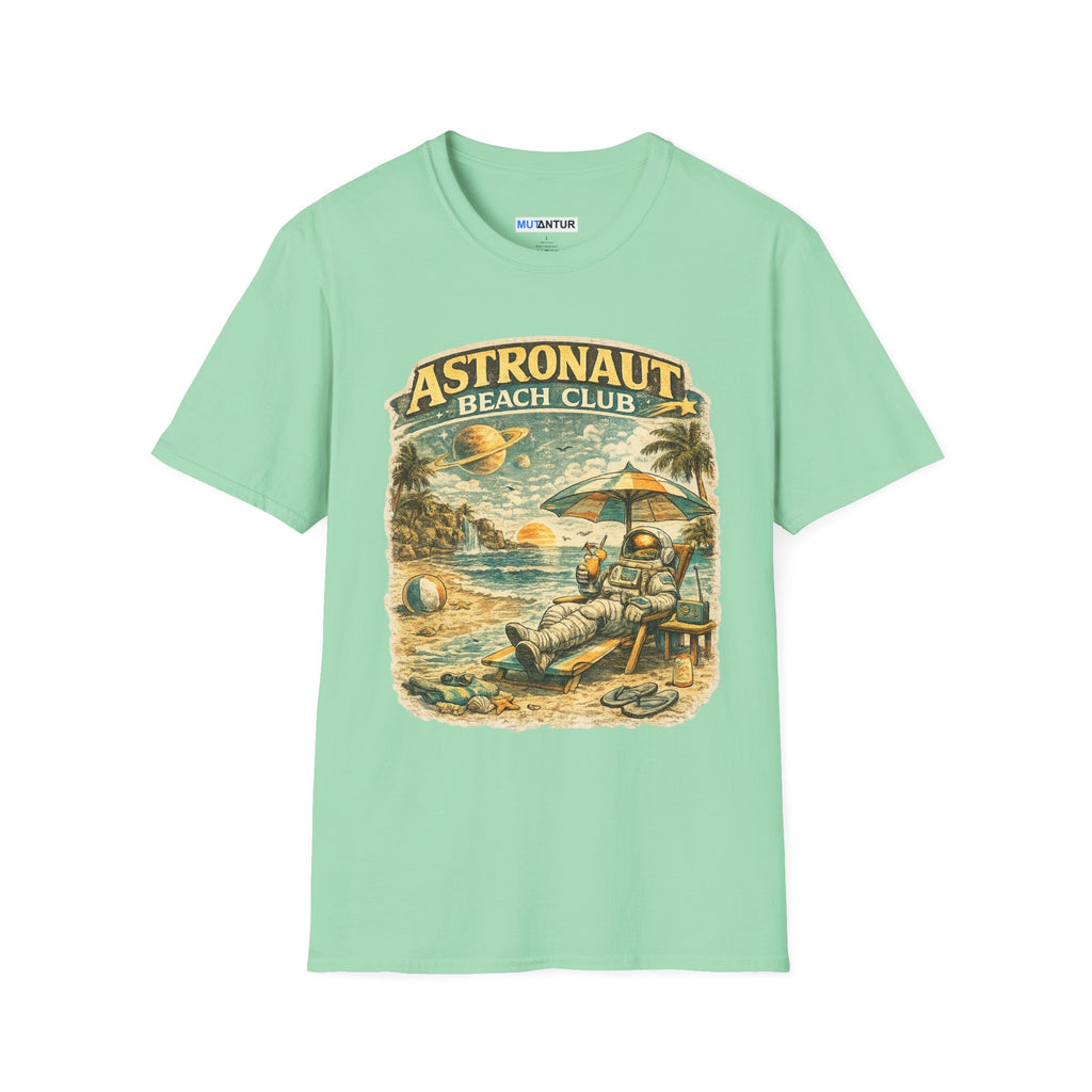 Astronaut Beach Club T-Shirt – Retro Space Beach Graphic Tee - Mutantur Labs LLC