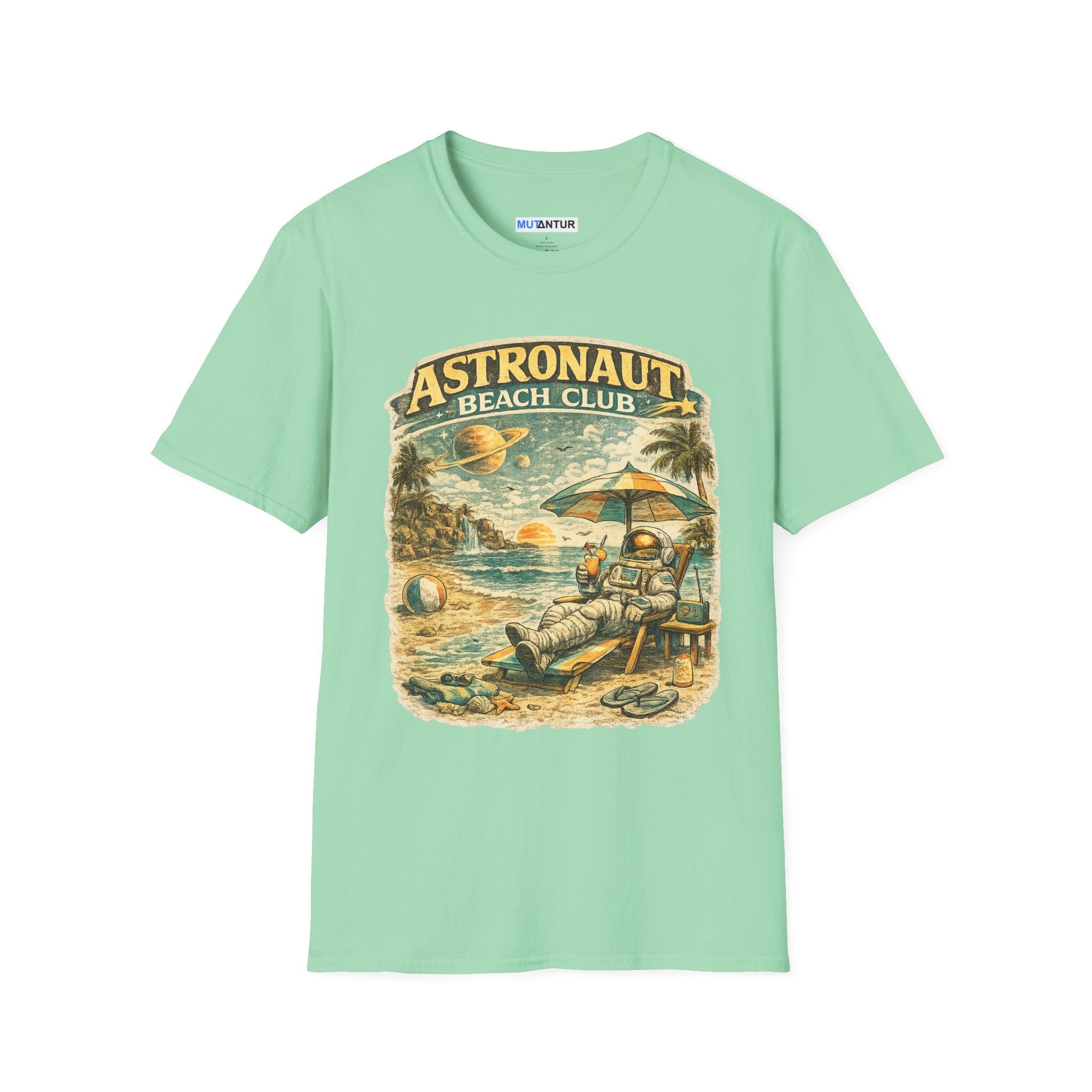 Astronaut Beach Club T-Shirt – Retro Space Beach Graphic Tee - Mutantur Labs LLC