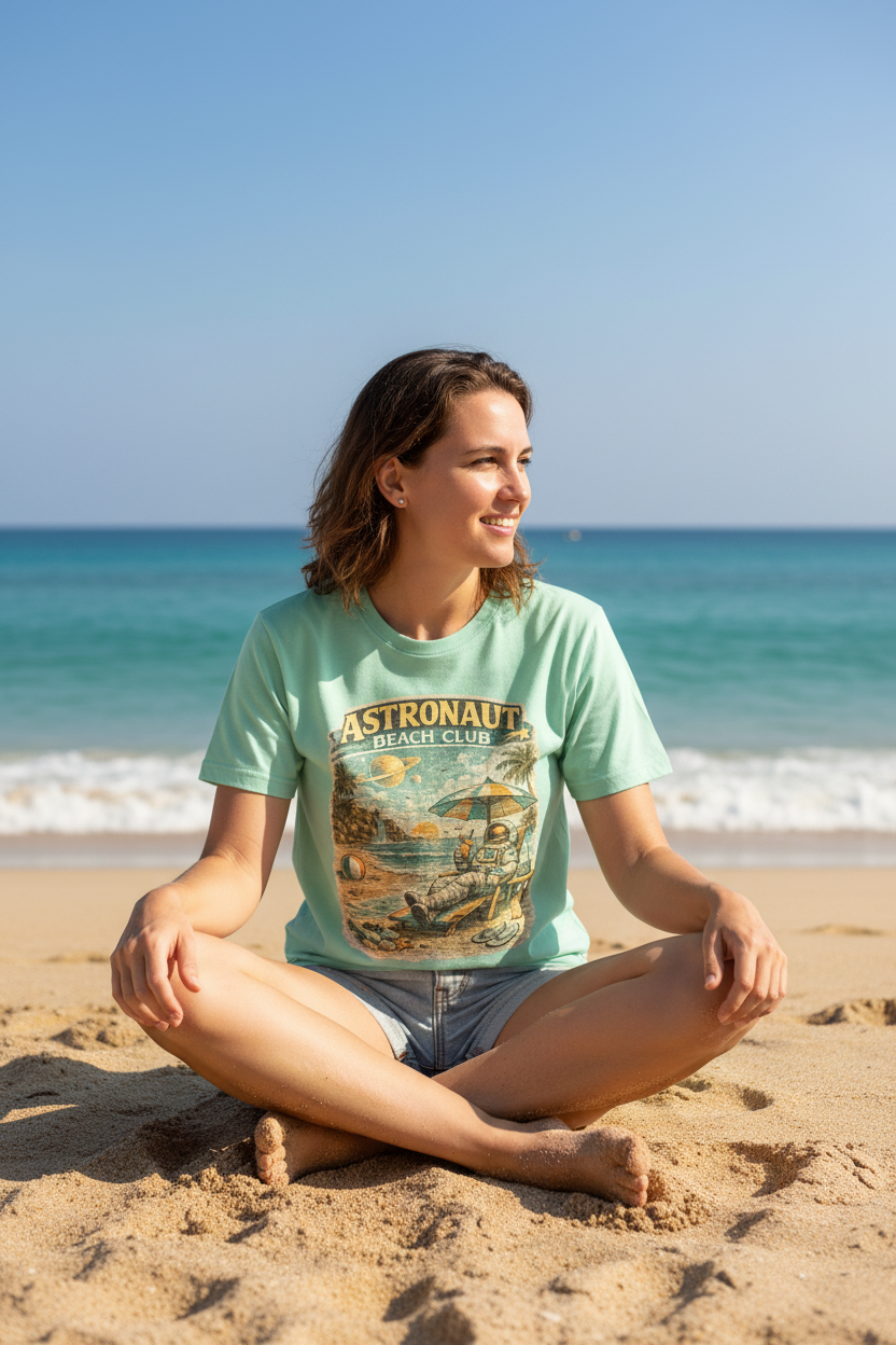 Astronaut Beach Club T-Shirt – Retro Space Beach Graphic Tee - Mutantur Labs LLC