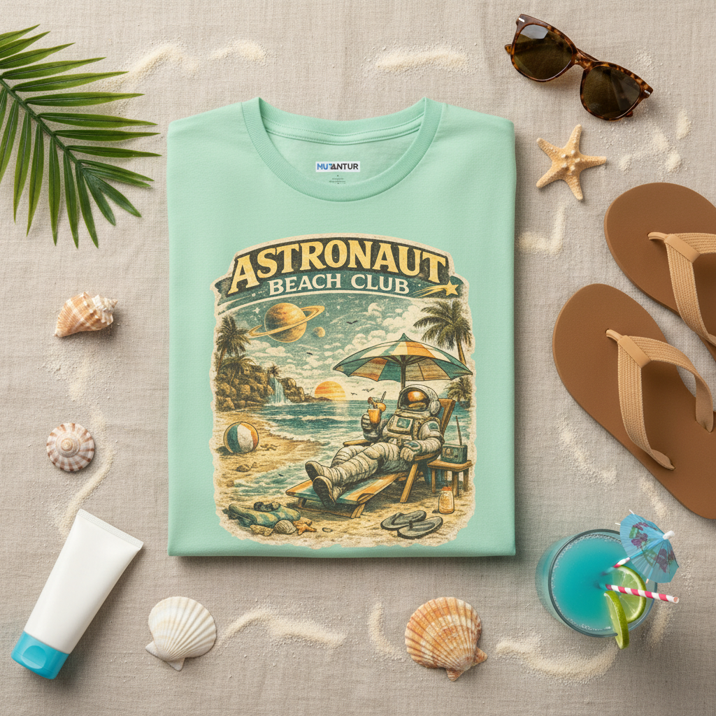 Astronaut Beach Club retro space beach graphic tee, close-up of design