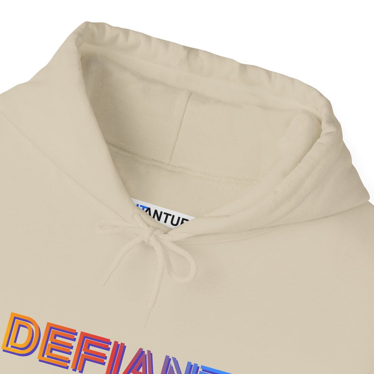 Defiant rainbow text logo graphic hoodie in sand, close-up of collar and neck label