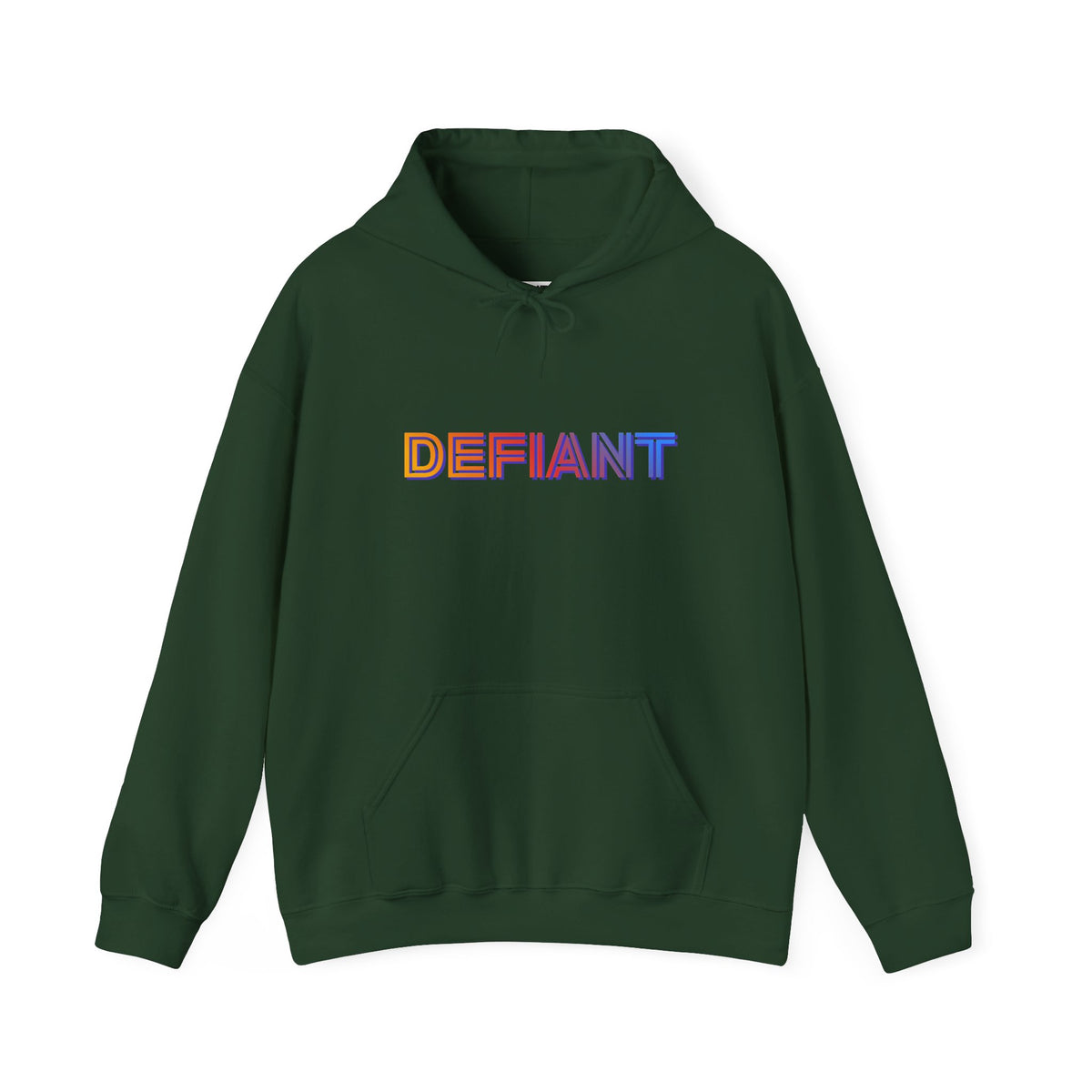 Defiant rainbow text logo graphic hoodie in dark green, front view